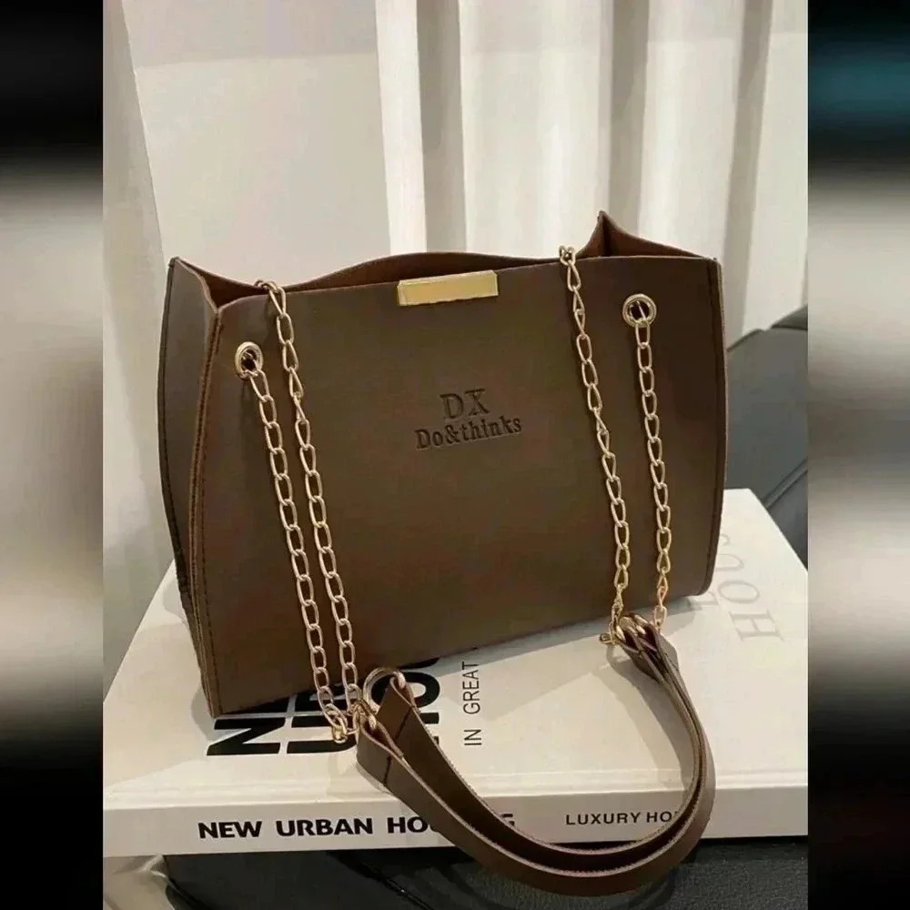 Coffee brown faux leather luxury purse women's handbag crossbody chain link bag